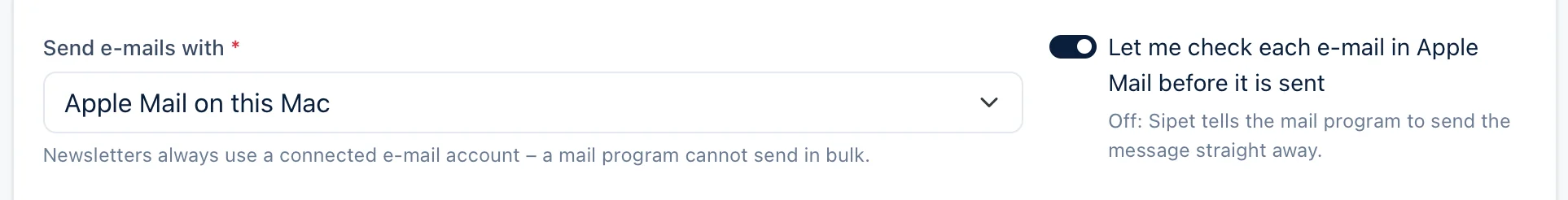 Settings: send e-mails with Apple Mail on this Mac