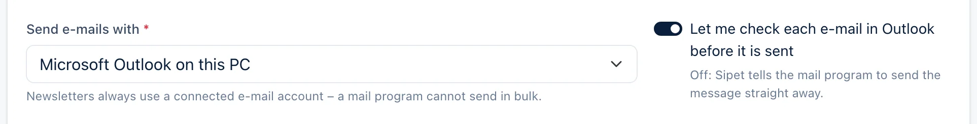Settings: send e-mails with Microsoft Outlook on this PC