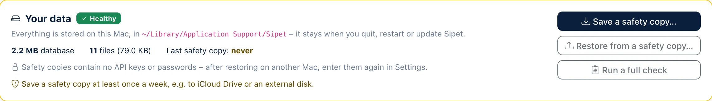 The Your data panel on a Mac